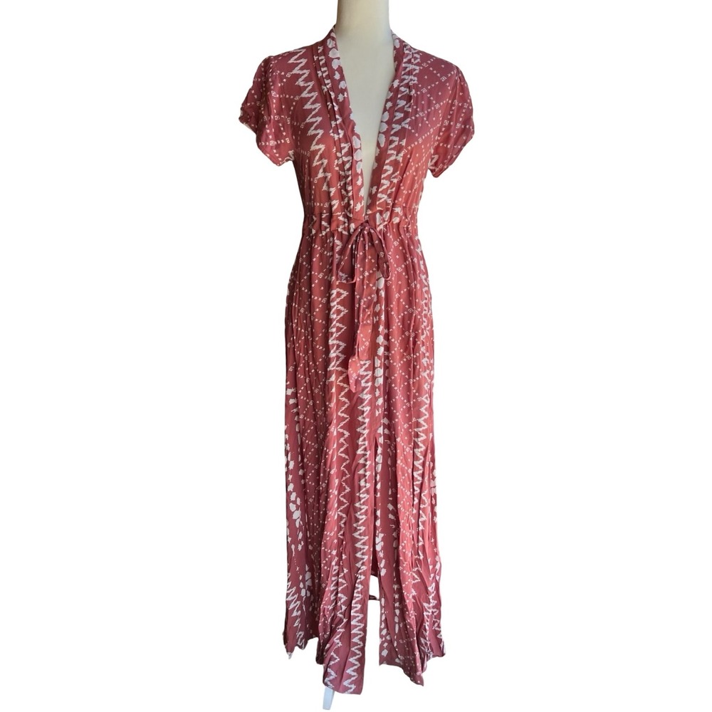 Tularosa "Joel" Boho Geometric Print Tie-Front V-Neck Flowy Beach M Maxi Dress